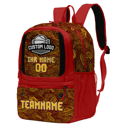 Personalisierter Basketball - und Fußballrucksack in Weinrot und Gelb mit Spielernamen & Nummern und Teamlogo #BP-0919-0039