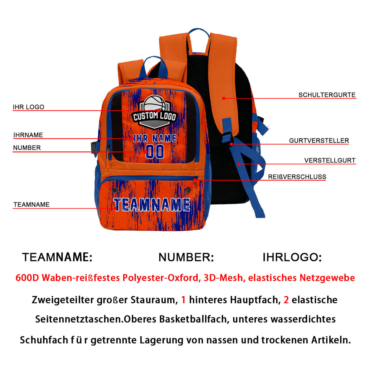 Individuell gestalteter Basketball - und Fußballrucksack in leuchtendem Orange und Königsblau mit personalisierten Spielernamen & Nummern und Teamlogos #BP-0919-0008
