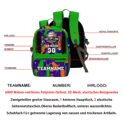 Individuell gestalteter Basketball - und Fußballrucksack in Grün & Lila und Orange mit Spielernamen & Nummern und Teamlogo #BP-0919-0017