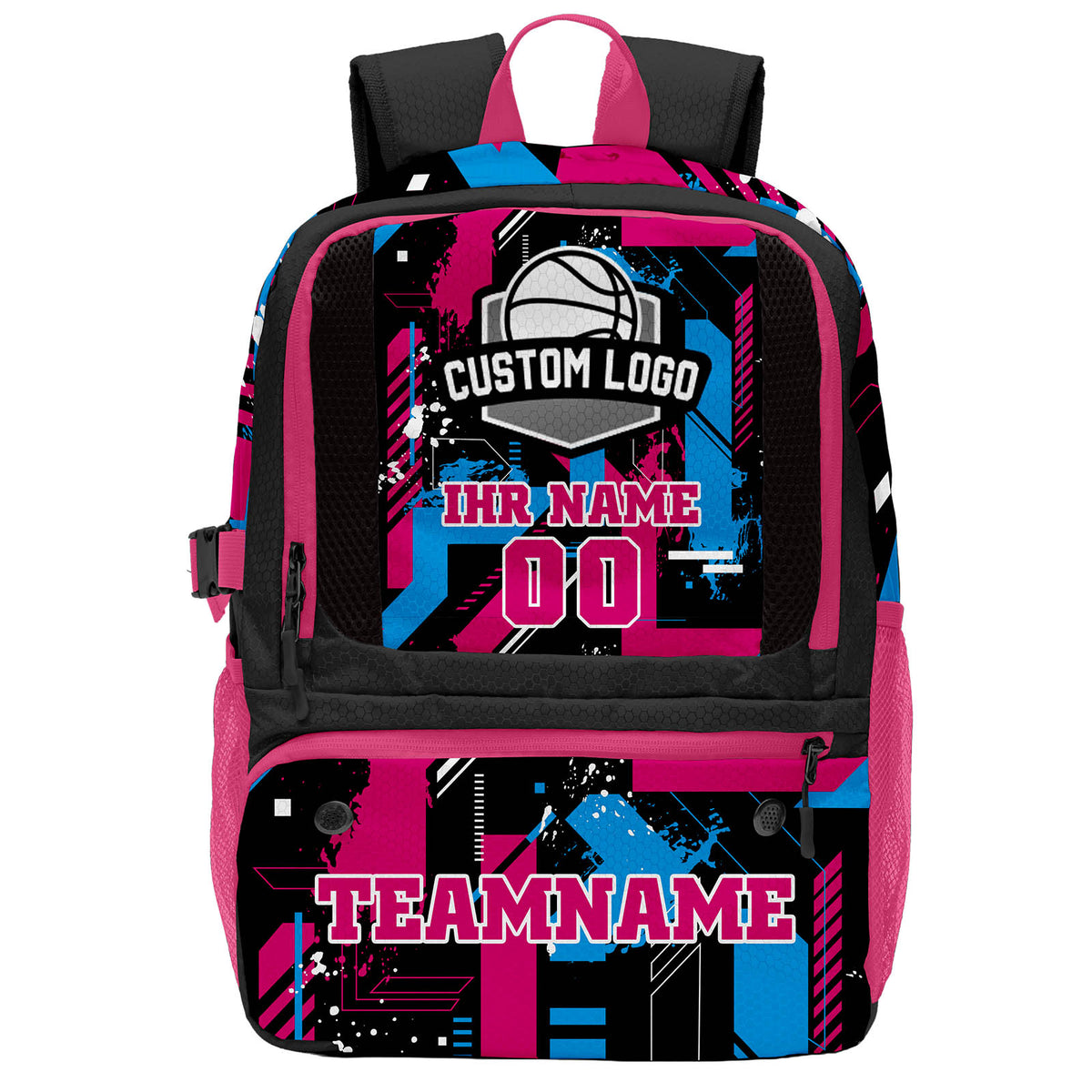 Individuell gestalteter Basketball - und Fußballrucksack in Schwarz & Rosenrot und Blau mit Spielernamen & Nummern und Teamlogo #BP-0919-0003