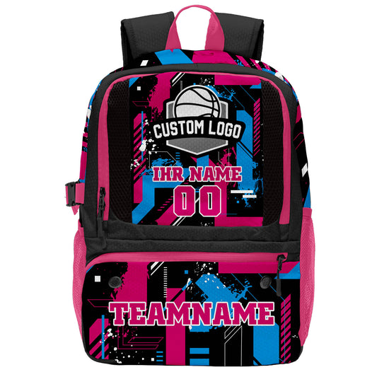 Individuell gestalteter Basketball - und Fußballrucksack in Schwarz & Rosenrot und Blau mit Spielernamen & Nummern und Teamlogo #BP-0919-0003