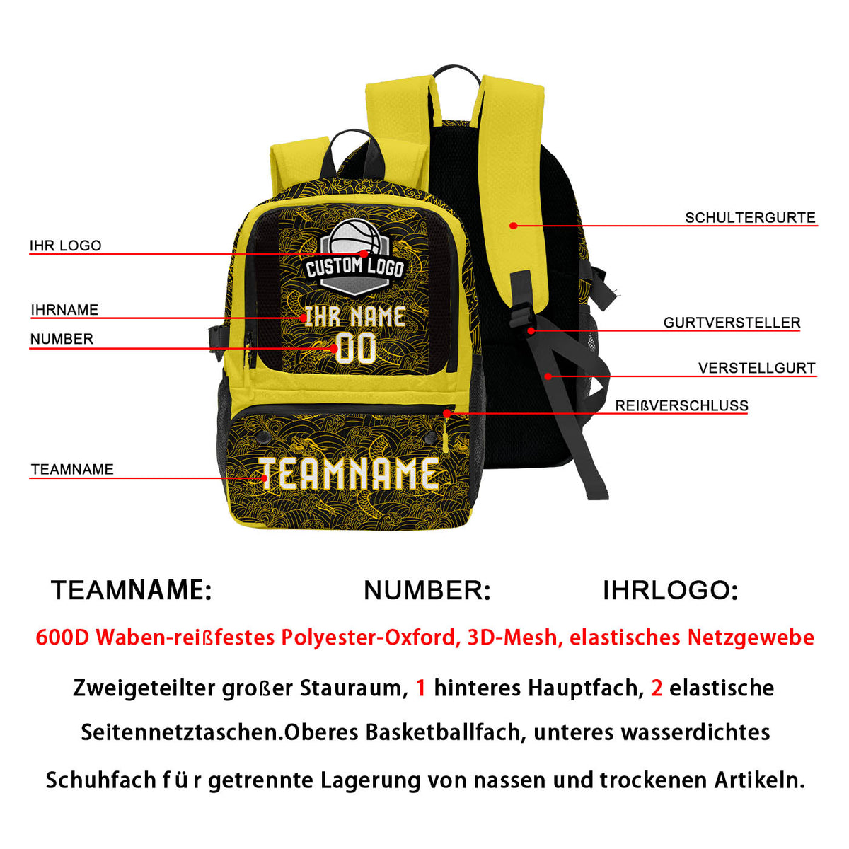 Personalisierter gelb - schwarzer Basketball - Fußballrucksack mit Spielernamen & Nummern und Teamlogo #BP-0919-0040