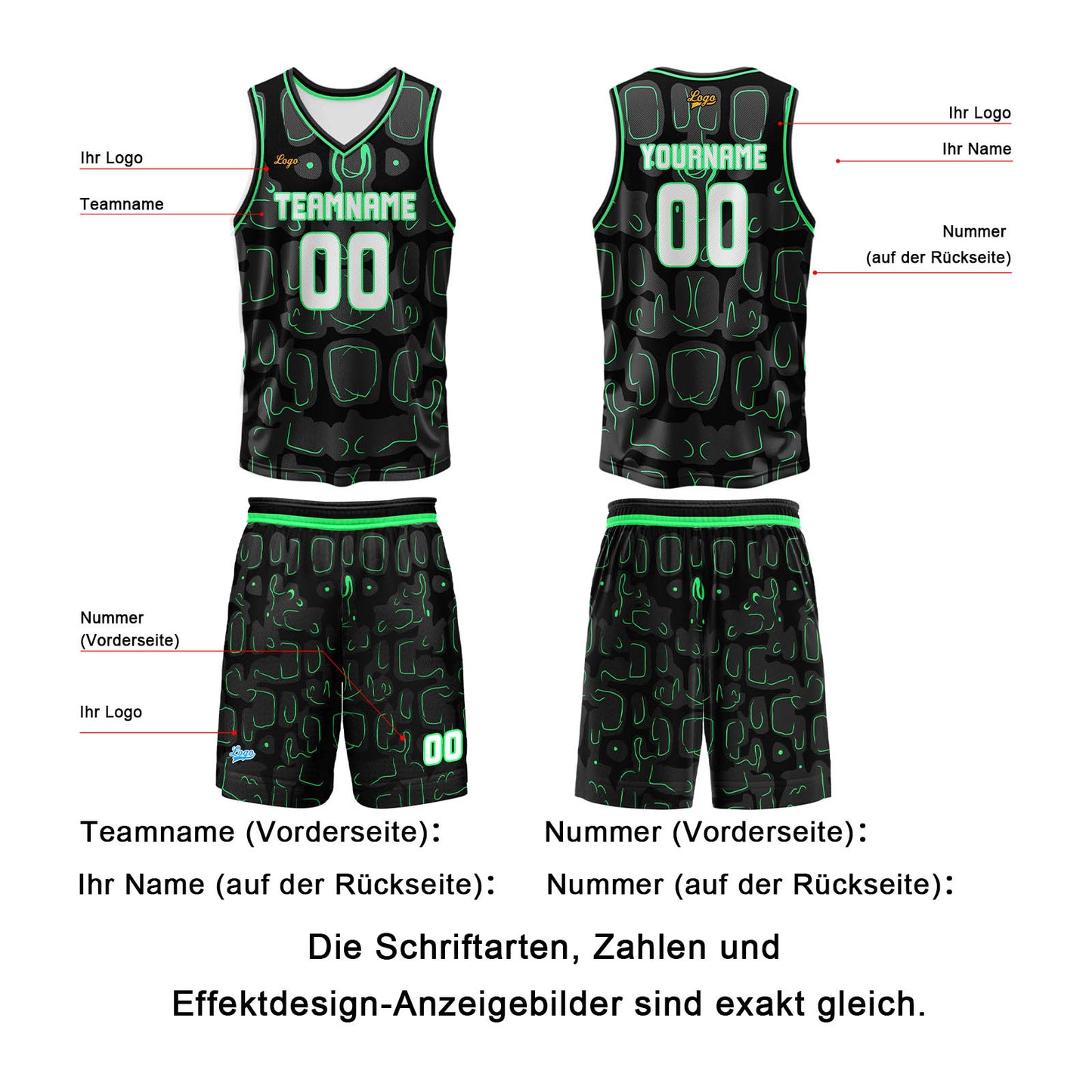 Benutzerdefinierter Schwarz Grün Basketball Jersey Uniform Anzug gedruckt Ihr Logo Name Nummer