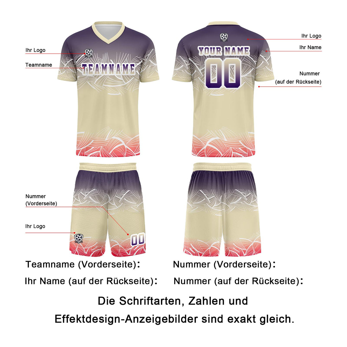 Benutzerdefinierte Beige  Lila Trikots für Männer Frauen Personalisierte Fußball Uniformen für Erwachsene und Kind