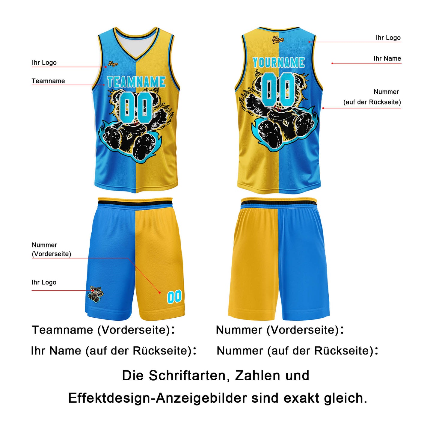 Benutzerdefinierter Blau Gelb Basketball Jersey Uniform Anzug gedruckt Ihr Logo Name Nummer
