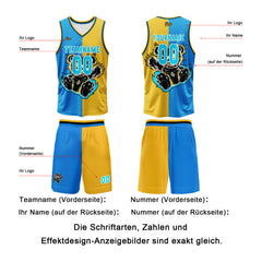 Benutzerdefinierter Blau Gelb Basketball Jersey Uniform Anzug gedruckt Ihr Logo Name Nummer