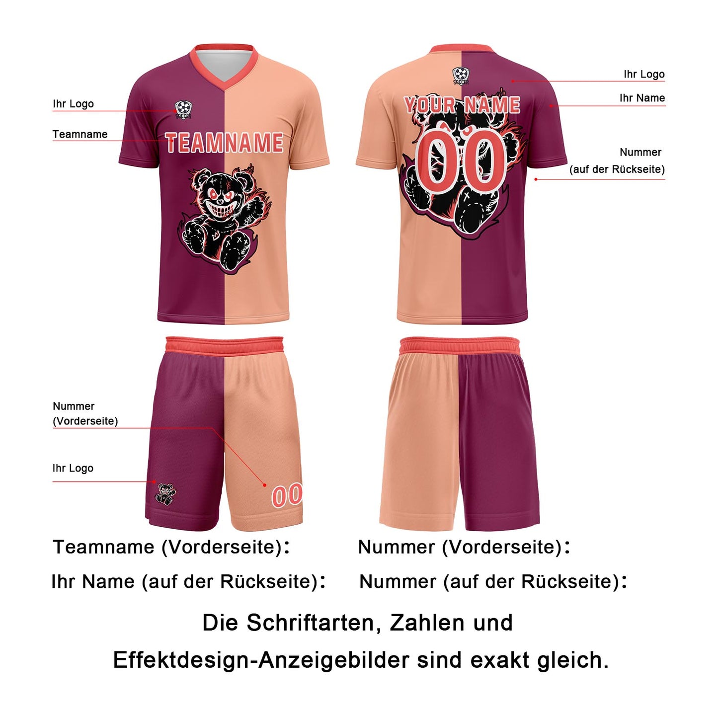 Benutzerdefinierte Fuchsia Hellbraun Fußball Trikots für Männer Frauen Personalisierte Fußball Uniformen für Erwachsene und Kind