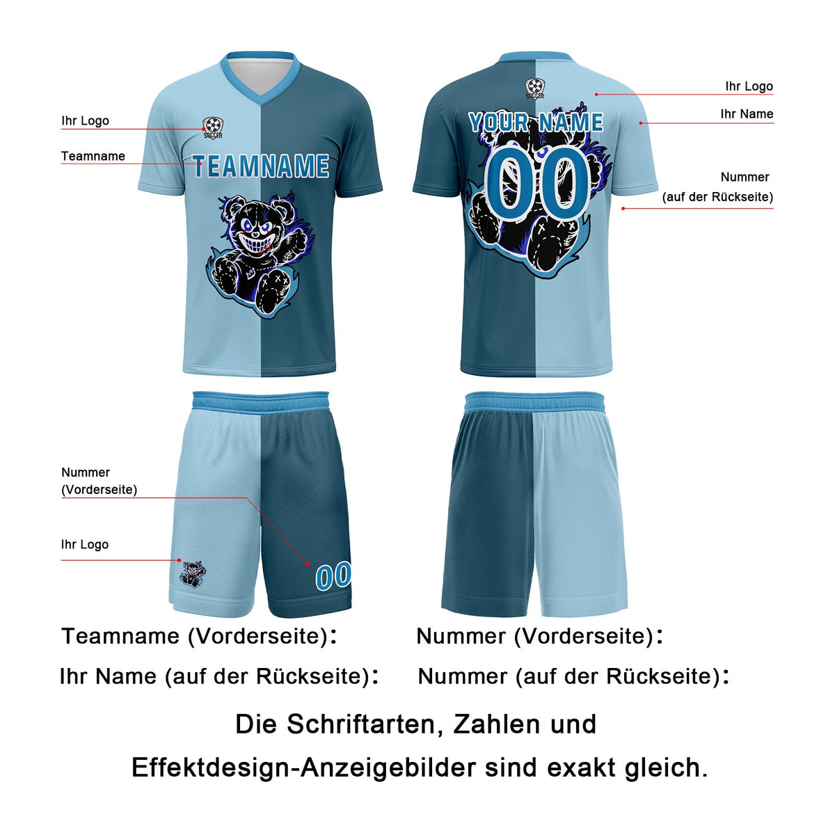 Benutzerdefinierte Hellblau Dunkelblau Trikots für Männer Frauen Personalisierte Fußball Uniformen für Erwachsene und Kind