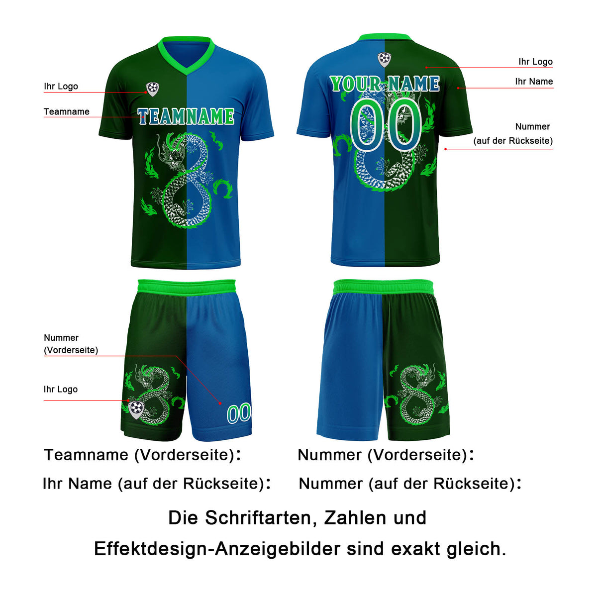 Benutzerdefinierte Blau Grün Trikots für Männer Frauen Personalisierte Fußball Uniformen für Erwachsene und Kind