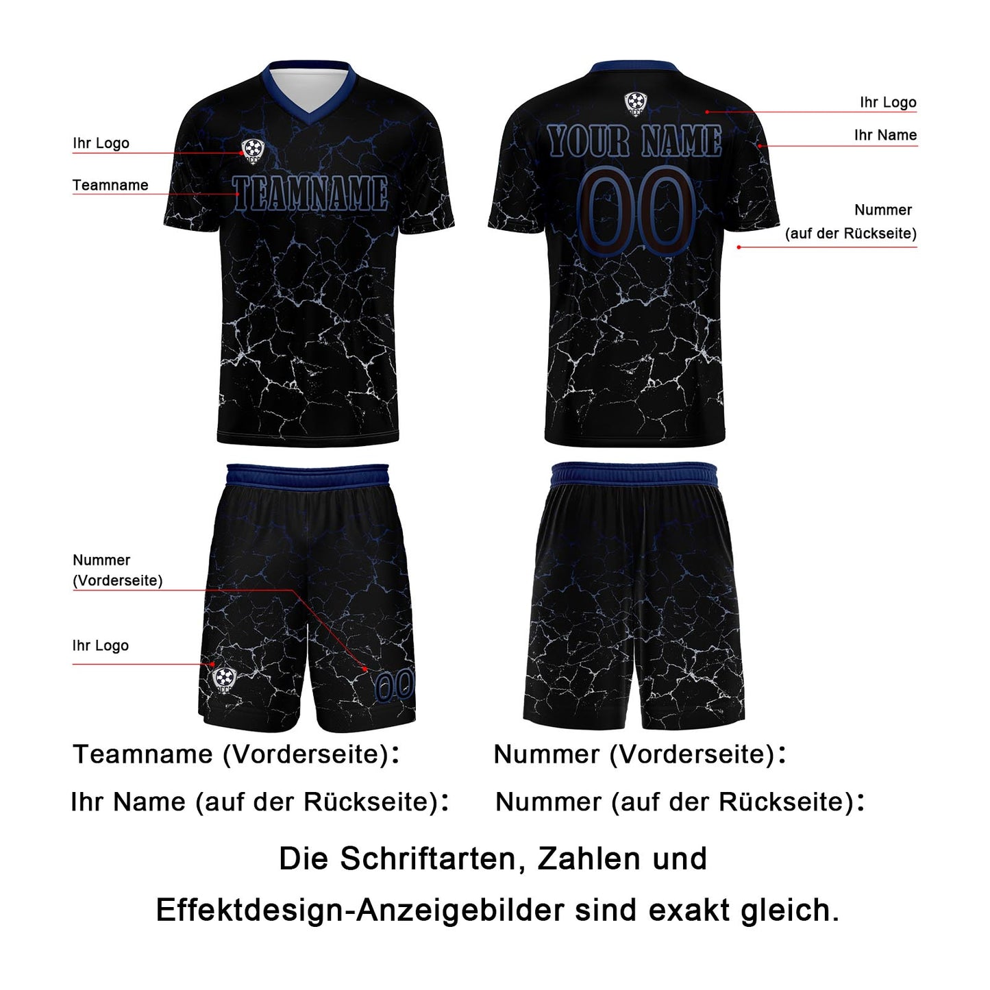 Benutzerdefinierte Schwarz Tiefblau Trikots für Männer Frauen Personalisierte Fußball Uniformen für Erwachsene und Kind
