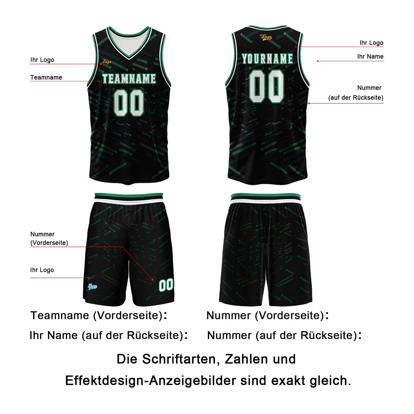 Benutzerdefinierter Schwarz Dunkelgrün Basketball Jersey Uniform Anzug gedruckt Ihr Logo Name Nummer