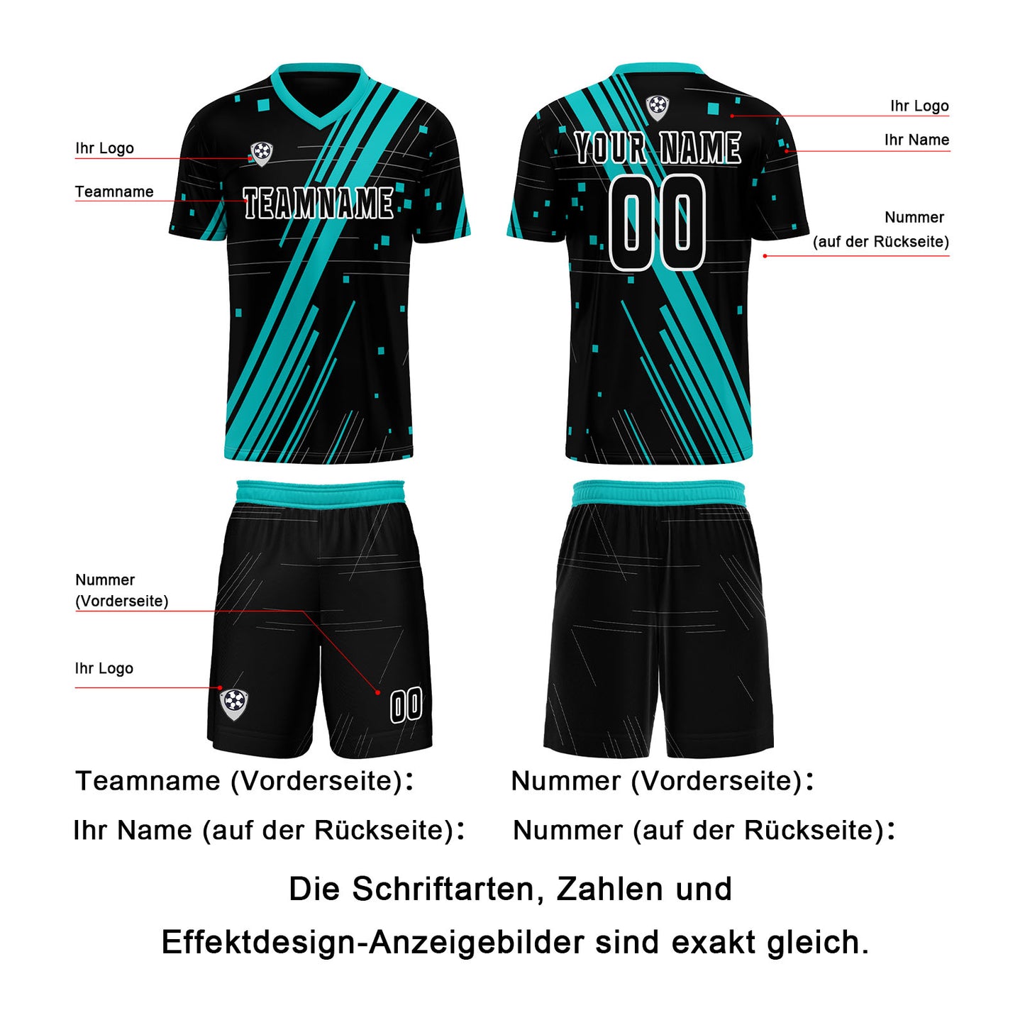 Benutzerdefinierte Schwarz Blaugrün Trikots für Männer Frauen Personalisierte Fußball Uniformen für Erwachsene und Kind
