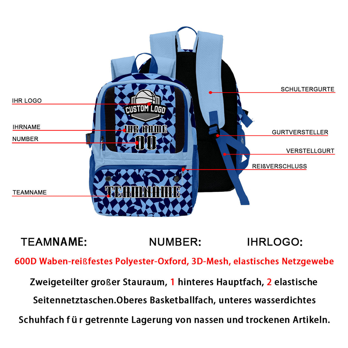 Personalisierter Basketball - und Fußballrucksack in Hellblau und Dunkelblau mit Spielernamen & Nummern und Teamlogo #BP-0919-0020