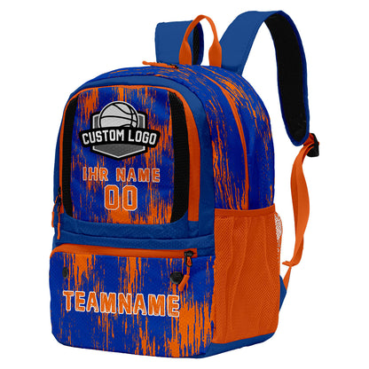 Individuell gestalteter & leuchtend blau - orangener Basketball - und Fußballrucksack mit personalisierten Spielernamen & Nummern und Teamlogos #BP-0919-0009