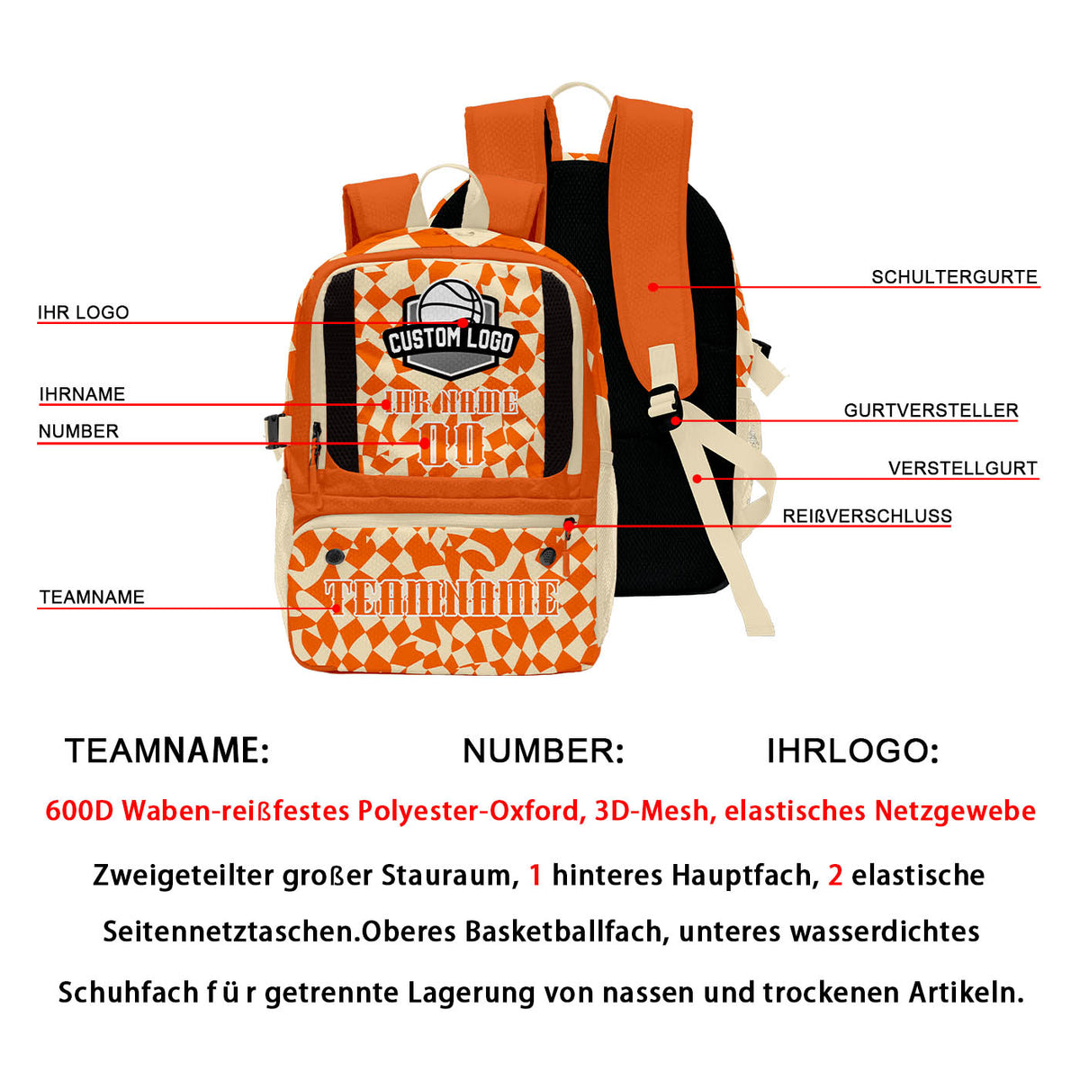 Personalisierter Basketball - und Fußballrucksack in Orange und Beige mit Spielernamen & Nummern und Teamlogo #BP-0919-0023