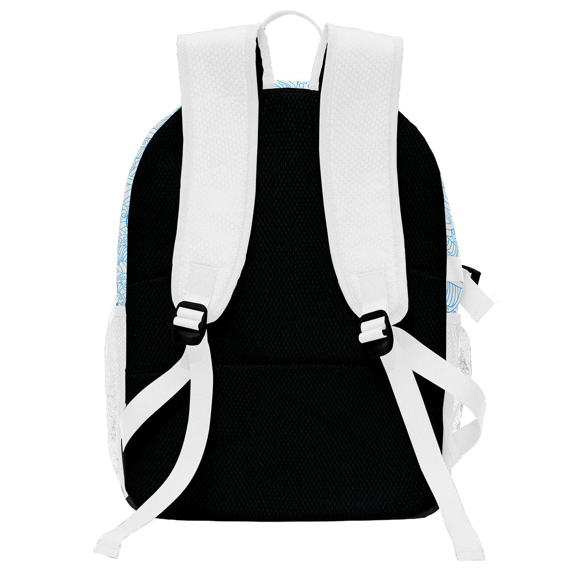 Personalisierter weißer und blauer Basketball - und Fußballrucksack mit Spielernamen & Nummern und Teamlogo #BP-0919-0038