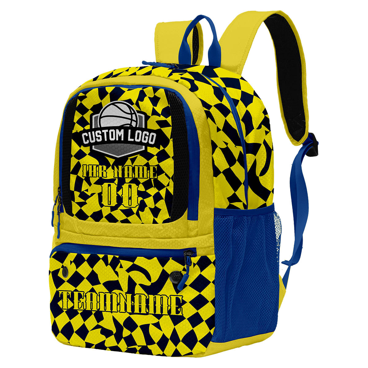 Personalisierter & zitronengelber Basketball - und Fußballrucksack mit verstecktem blauen Logo & Spielernamen & Nummern und Teamlogo #BP-0919-0018