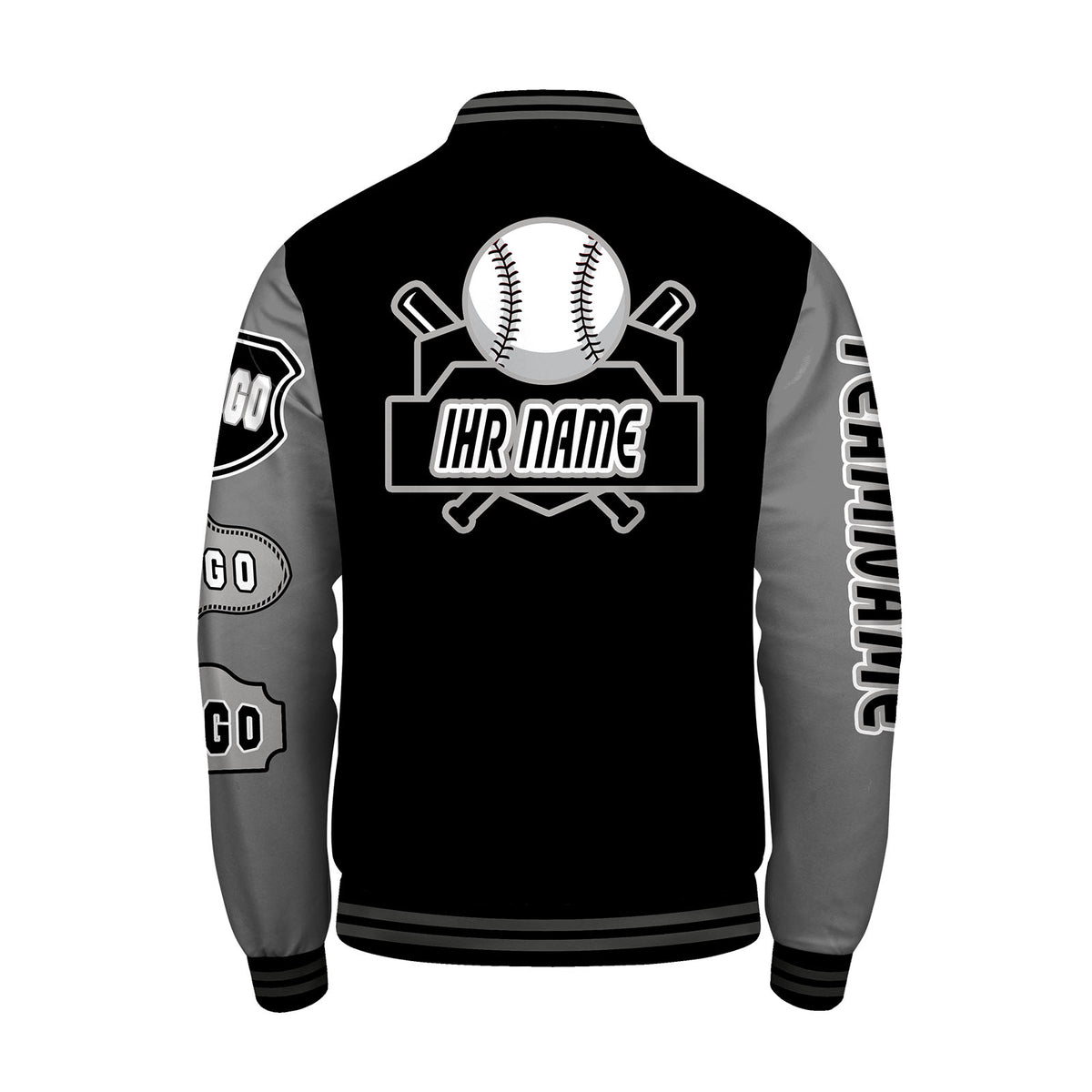 Maßgeschneiderte Schwarz Grau Letterman Varsity Jacket Individuelle Stickerei  Druck nach Ihrem Wunsch