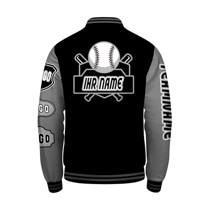 Maßgeschneiderte Schwarz Grau Letterman Varsity Jacket Individuelle Stickerei  Druck nach Ihrem Wunsch
