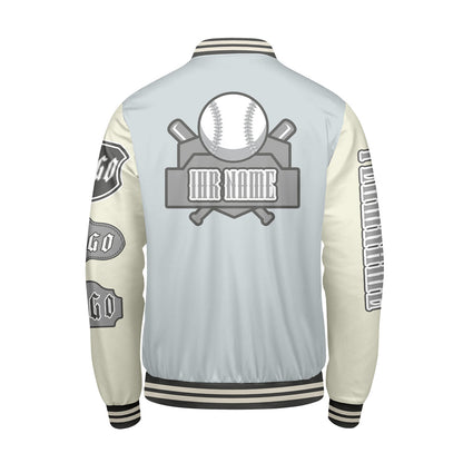 Maßgeschneiderte Grau Weiß Letterman Varsity Jacket Individuelle Stickerei  Druck nach Ihrem Wunsch