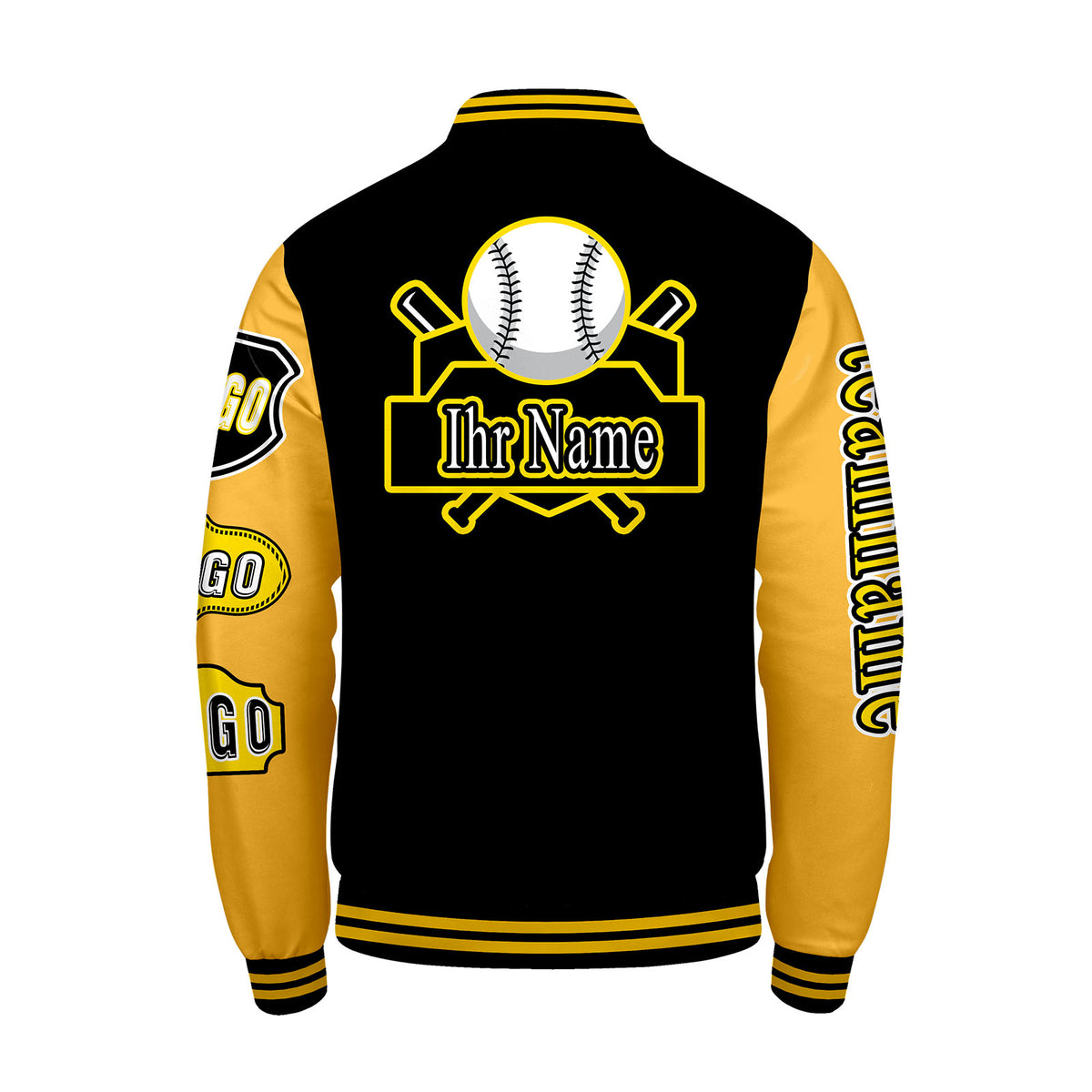 Maßgeschneiderte Schwarz Gelb Letterman Varsity Jacket Individuelle Stickerei  Druck nach Ihrem Wunsch