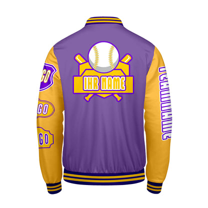 Maßgeschneiderte Lila Gelb Letterman Varsity Jacket Individuelle Stickerei  Druck nach Ihrem Wunsch