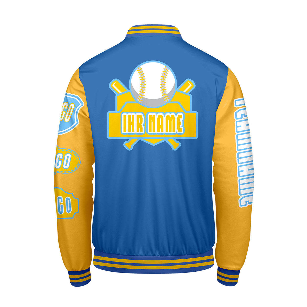 Maßgeschneiderte Blau Gelb Letterman Varsity Jacket Individuelle Stickerei  Druck nach Ihrem Wunsch