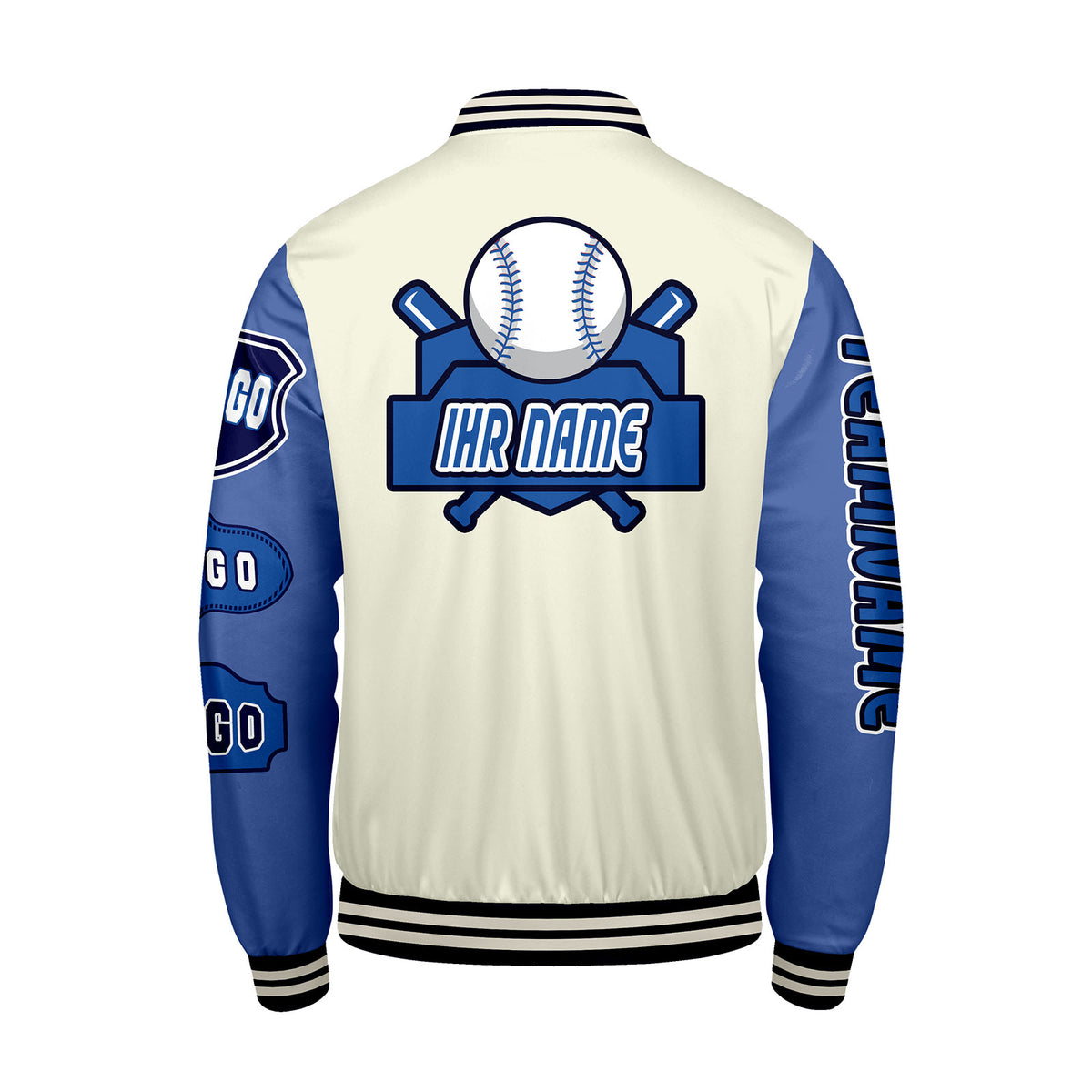 Maßgeschneiderte Weiß Blau Letterman Varsity Jacket Individuelle Stickerei  Druck nach Ihrem Wunsch