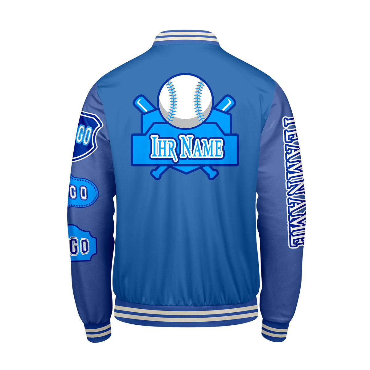 Maßgeschneiderte Blau Letterman Varsity Jacket Individuelle Stickerei  Druck nach Ihrem Wunsch