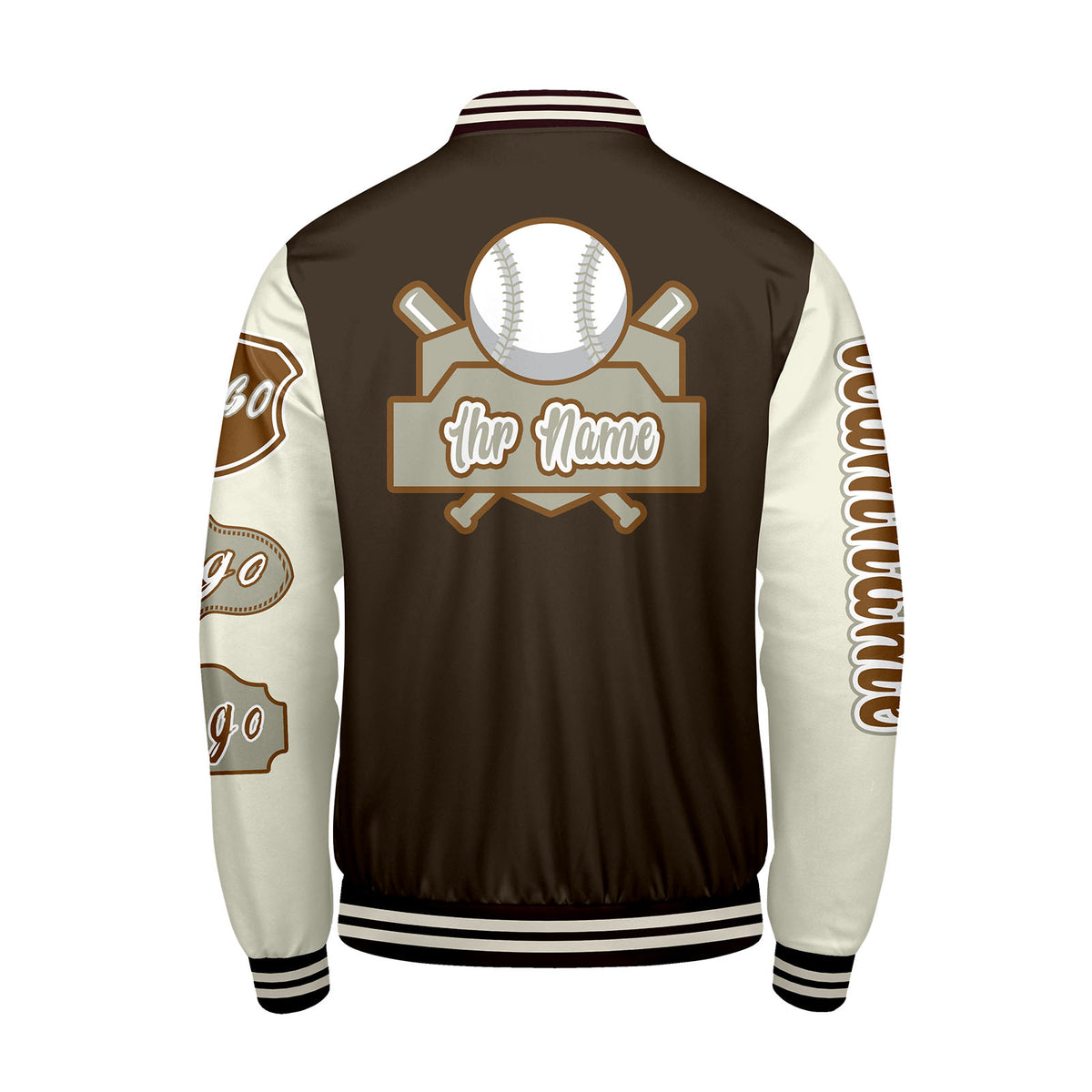 Maßgeschneiderte Braun Weiß Letterman Varsity Jacket Individuelle Stickerei  Druck nach Ihrem Wunsch