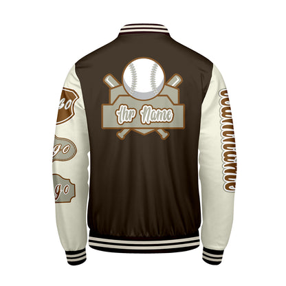 Maßgeschneiderte Braun Weiß Letterman Varsity Jacket Individuelle Stickerei  Druck nach Ihrem Wunsch