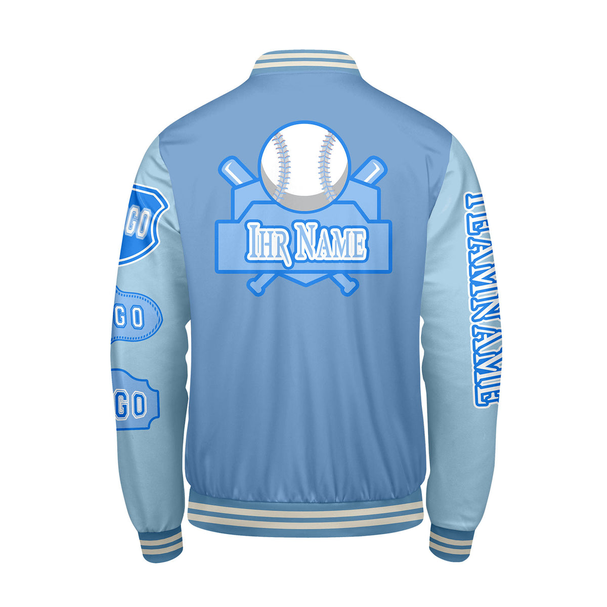Maßgeschneiderte Blau Letterman Varsity Jacket Individuelle Stickerei  Druck nach Ihrem Wunsch