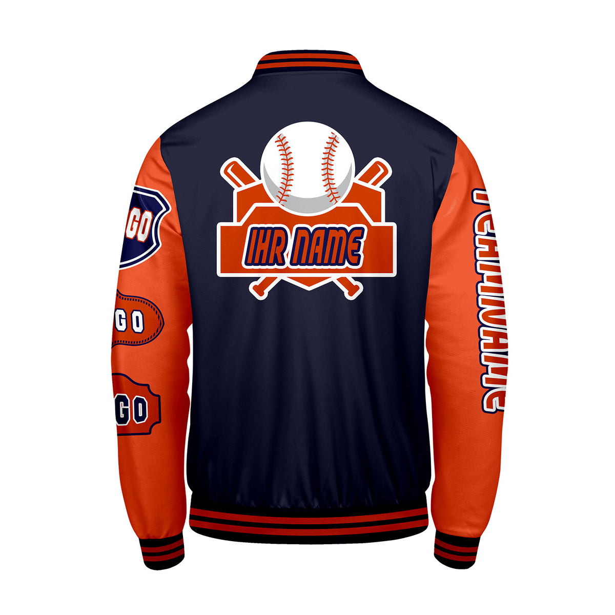Maßgeschneiderte Marine Orange Letterman Varsity Jacket Individuelle Stickerei  Druck nach Ihrem Wunsch