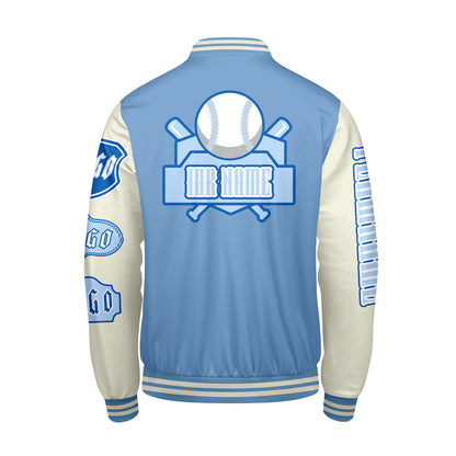 Maßgeschneiderte Blau Weiß Letterman Varsity Jacket Individuelle Stickerei  Druck nach Ihrem Wunsch
