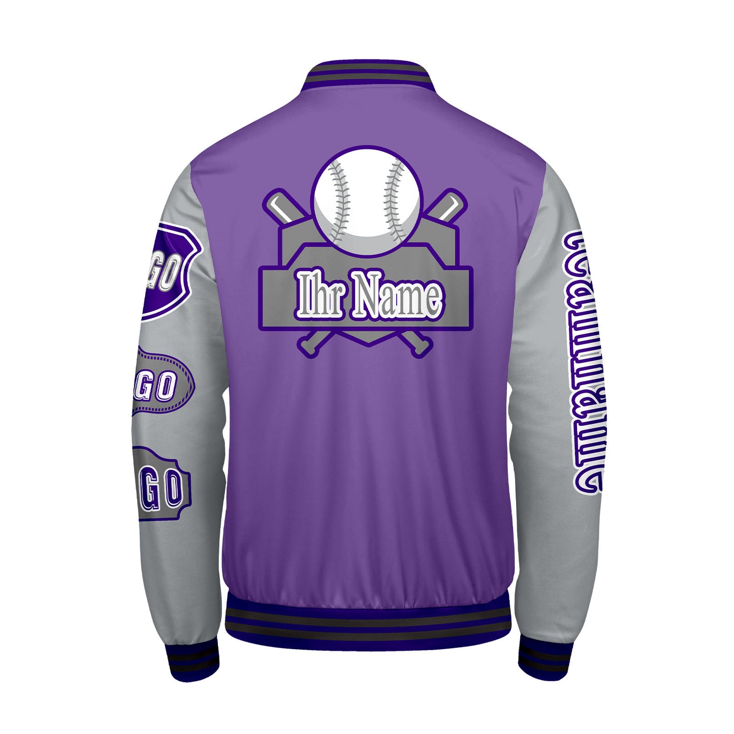 Maßgeschneiderte Lila Grau Letterman Varsity Jacket Individuelle Stickerei  Druck nach Ihrem Wunsch