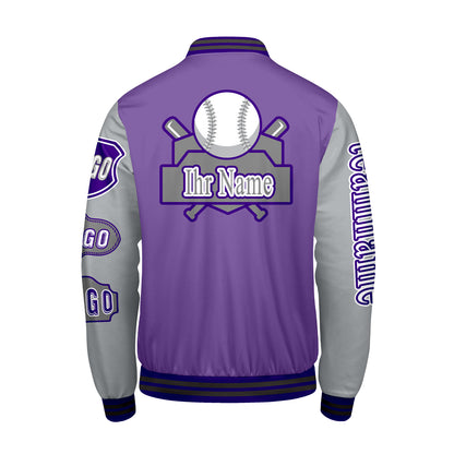 Maßgeschneiderte Lila Grau Letterman Varsity Jacket Individuelle Stickerei  Druck nach Ihrem Wunsch