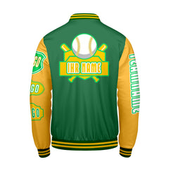 Maßgeschneiderte Grün Gelb Letterman Varsity Jacket Individuelle Stickerei  Druck nach Ihrem Wunsch