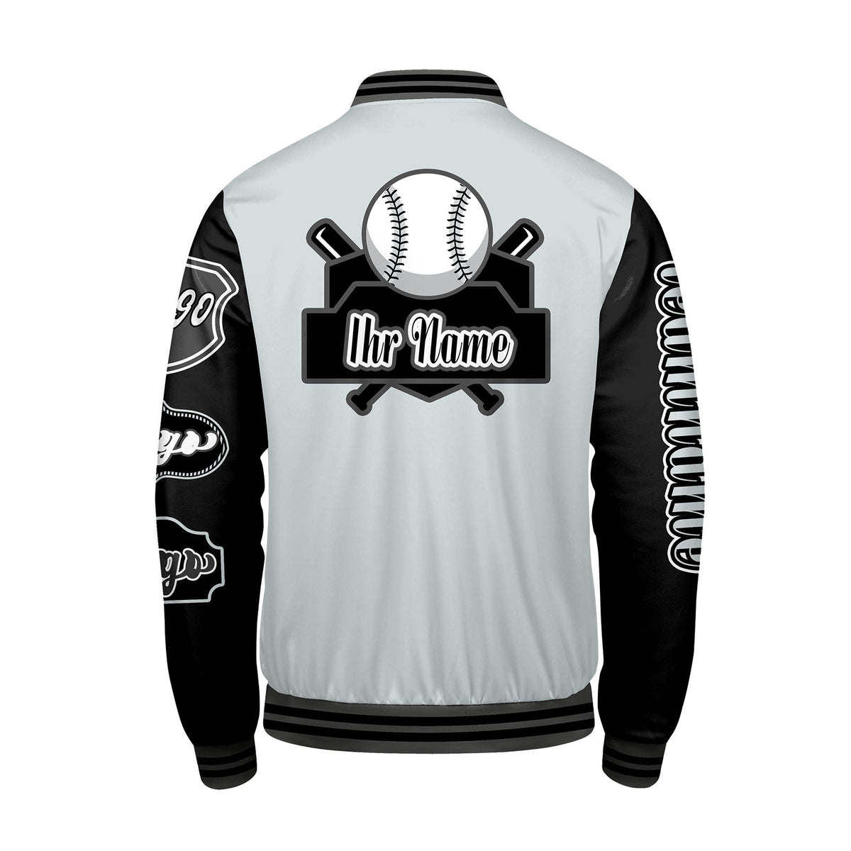 Maßgeschneiderte Grau Schwarz Letterman Varsity Jacket Individuelle Stickerei  Druck nach Ihrem Wunsch