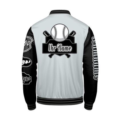 Maßgeschneiderte Grau Schwarz Letterman Varsity Jacket Individuelle Stickerei  Druck nach Ihrem Wunsch