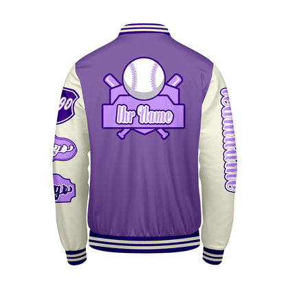 Maßgeschneiderte Lila Weiß Letterman Varsity Jacket Individuelle Stickerei  Druck nach Ihrem Wunsch