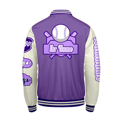Maßgeschneiderte Lila Weiß Letterman Varsity Jacket Individuelle Stickerei  Druck nach Ihrem Wunsch