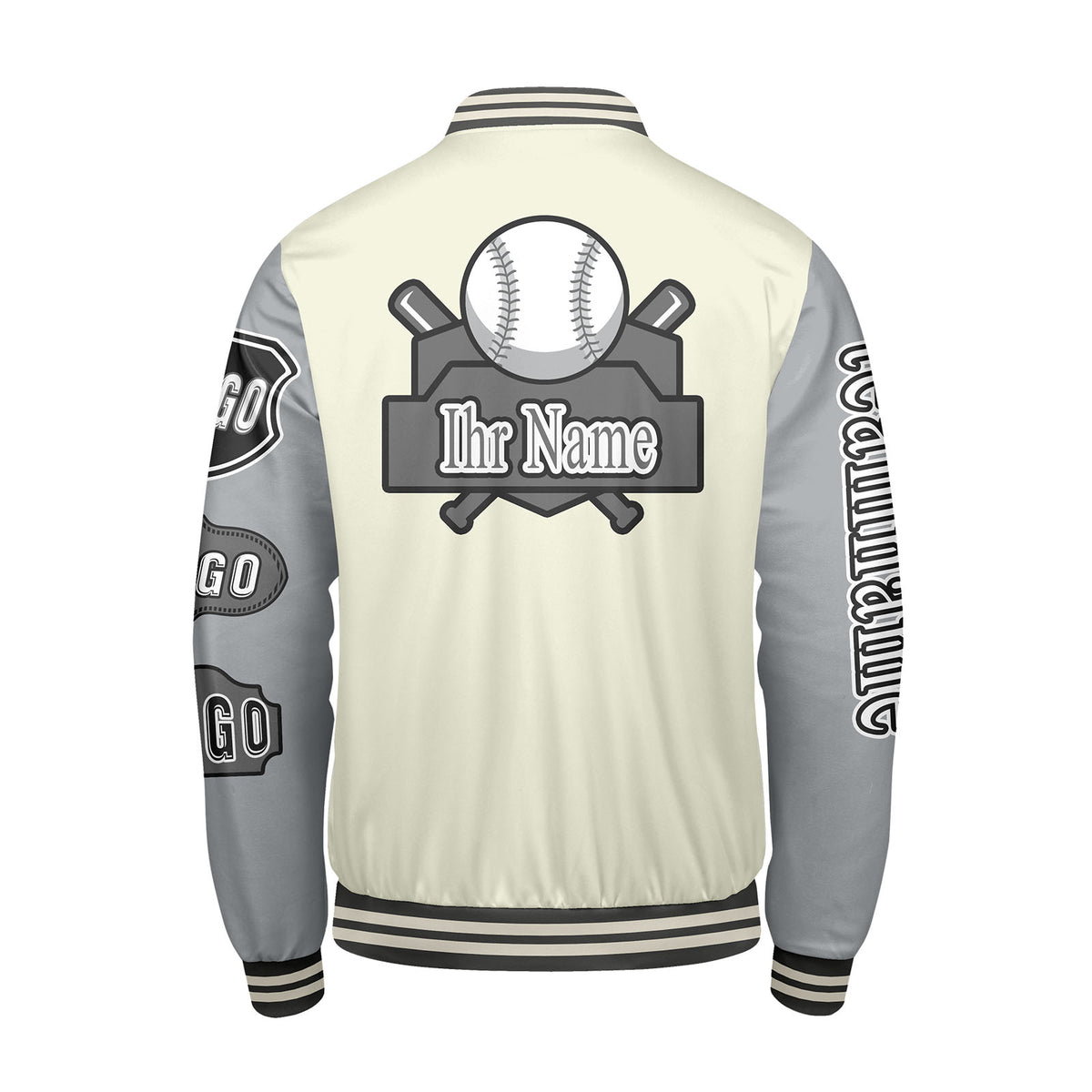 Maßgeschneiderte Weiß Grau Letterman Varsity Jacket Individuelle Stickerei  Druck nach Ihrem Wunsch