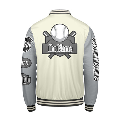 Maßgeschneiderte Weiß Grau Letterman Varsity Jacket Individuelle Stickerei  Druck nach Ihrem Wunsch