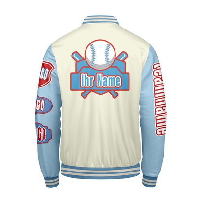 Maßgeschneiderte Weiß Blau Letterman Varsity Jacket Individuelle Stickerei  Druck nach Ihrem Wunsch
