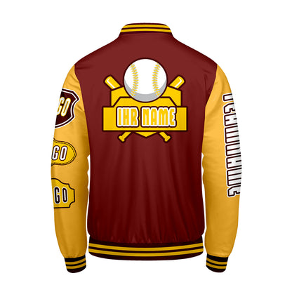 Maßgeschneiderte Rot Gelb Letterman Varsity Jacket Individuelle Stickerei  Druck nach Ihrem Wunsch