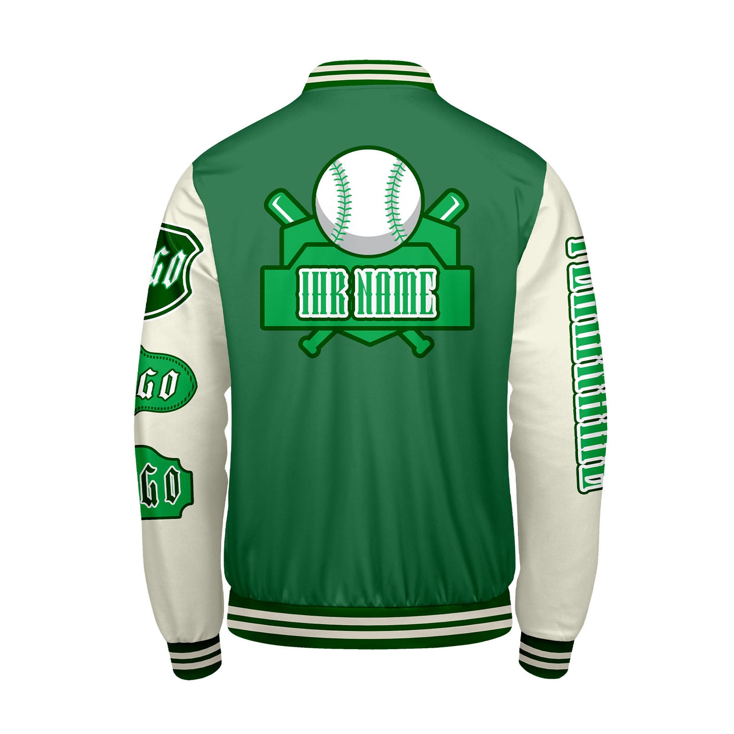 Maßgeschneiderte Grün Weiß Letterman Varsity Jacket Individuelle Stickerei  Druck nach Ihrem Wunsch