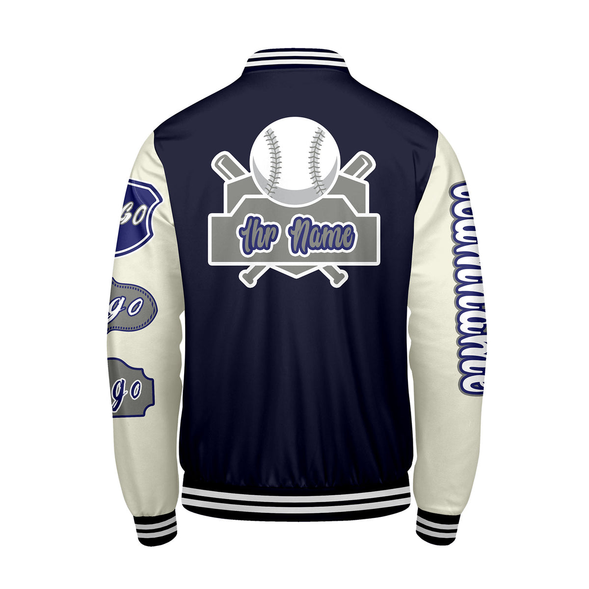 Maßgeschneiderte Marine Weiß Letterman Varsity Jacket Individuelle Stickerei  Druck nach Ihrem Wunsch