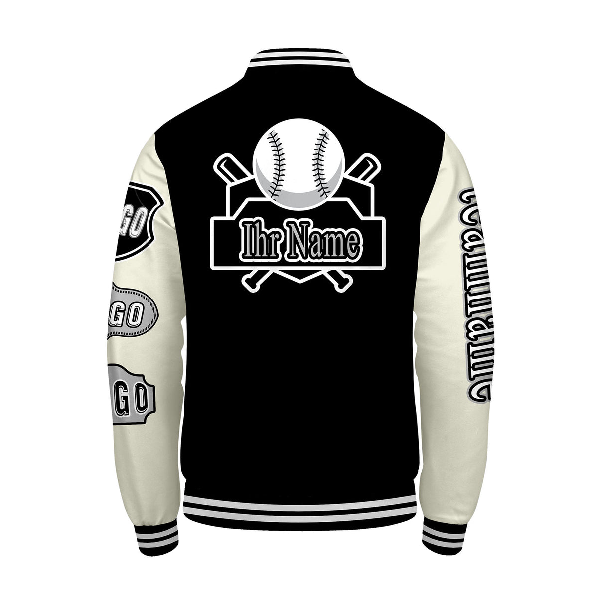 Maßgeschneiderte Schwarz Weiß Letterman Varsity Jacket Individuelle Stickerei  Druck nach Ihrem Wunsch