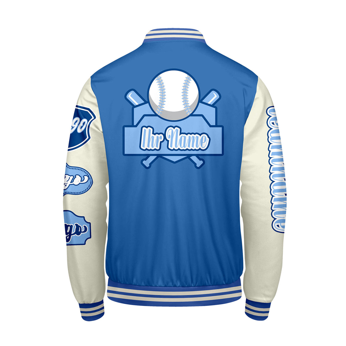 Maßgeschneiderte Blau Weiß Letterman Varsity Jacket Individuelle Stickerei  Druck nach Ihrem Wunsch