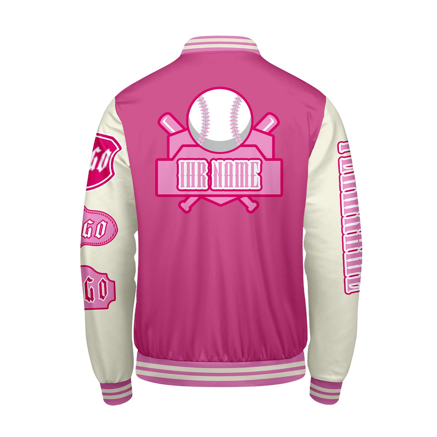 Maßgeschneiderte Rosa Weiß Letterman Varsity Jacket Individuelle Stickerei  Druck nach Ihrem Wunsch